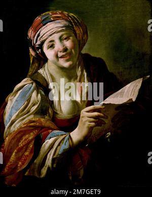 Jeune femme avec texte blatt 1628 par Hendrick ter Brugghen, 1588-1629, néerlandais les pays-Bas, Banque D'Images