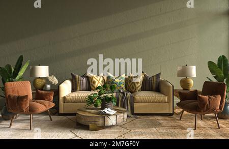 Table basse en bois, fauteuil orange, canapé jaune, décoration dans le séjour. Palmier à plantes vertes. Fond de maquette de mur vert foncé Banque D'Images