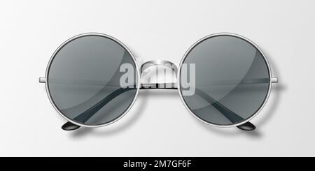 Vector 3D Realistic Round Frame lunettes Icon isolé. Acier métallique, cadre argent. Lunettes de soleil noires transparentes pour femmes et hommes, accessoire. Optique Illustration de Vecteur