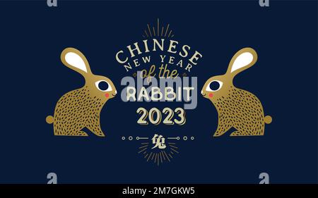 Nouvelle année chinoise de lapin 2023 carte de voeux de lapin doré dessin animé animal décoration sur fond bleu. Jolis animaux dorés dans un style moderne et plat Illustration de Vecteur