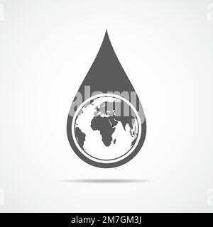 Goutte d'eau avec une carte du monde dans un design plat. Illustration vectorielle. Globe terrestre à l'intérieur dans la goutte de la pluie Illustration de Vecteur