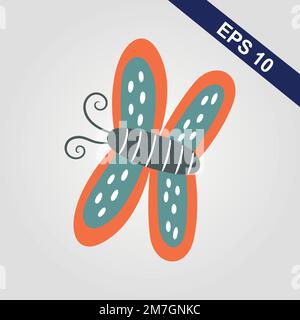 Papillon tropical élégant avec ailes colorées et antennes isolées sur fond blanc. Jolie vue sur le dessus. Magnifique insecte exotique de printemps. Illustration de Vecteur