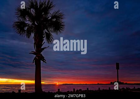 Le soleil se couche sur la baie de Portersville, le 8 janvier 2023, à Bayou la Batre, Alabama. (Photo de Carmen K. Sisson/Cloudybright) Banque D'Images