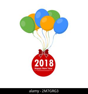 Bonne année 2018. Carte de vœux avec ballons colorés et boule de Noël. Illustration vectorielle. Illustration de Vecteur