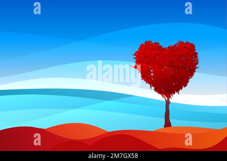 Arbre en forme de coeur, fond de jour de Saint Valentin, paysage de fantaisie de vecteur, modèle de bannière Illustration de Vecteur