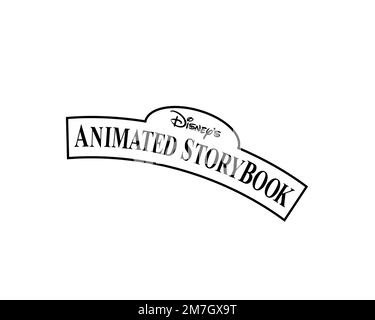 Livre de contes animé de Disney, logo pivoté, fond blanc B Banque D'Images