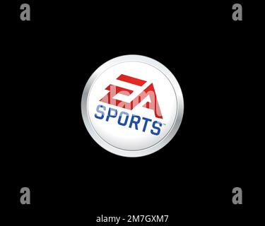 EA Sports, logo pivoté, fond noir B Banque D'Images