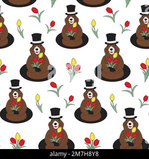Motif sans couture d'un marmotte dans un chapeau avec un bouquet de tulipe dans ses pattes et autour sortir de son trou. Bonne journée de marmotte. Isoler. Texture d'arrière-plan. Idéal pour les affiches, les cartes ou l'emballage. EPS. Illustration de Vecteur