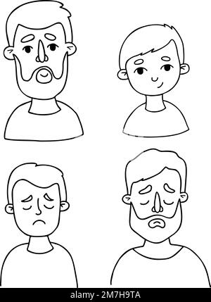 Faces mâles. Portraits de père et de fils. Émotions heureux et tristes. Dessins à la main à lignes vectorielles en style doodle. Avatars de faces isolées pour la conception. Illustration de Vecteur