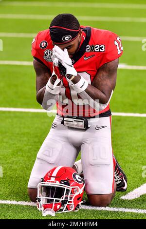 Inglewood, Californie. 9th janvier 2023. Georgia Bulldogs Wide Receiver Kearis Jackson (10) avant le championnat national de football de la CFP entre la TCU Horned Frogs et les Georgia Bulldogs sur 09 janvier 2023 à Pasadena, Californie.obligatoire photo Credit: Louis Lopez/Cal Sport Media/Alay Live News Banque D'Images