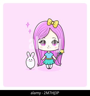 Jolie fille magique kawaii avec lapin. Manga chibi art. Illustration de Vecteur