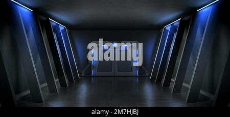 Hall sombre avec porte en métal fermée et éclairage de la lampe bleu néon. Illustration vectorielle réaliste d'un laboratoire secret, d'un vaisseau extraterrestre, d'un abri à la bombe à l'intérieur avec porte coulissante. Bâtiment futuriste Illustration de Vecteur