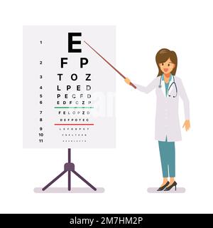 Ophtalmologie femme médecin debout près de la carte de test oculaire. Table ophtalmique pour examen visuel. Illustration vectorielle Illustration de Vecteur