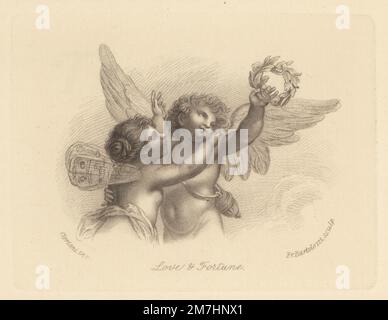 Vignette d'Amour et de Fortune. Une figure aidée d'Amor ou Cupid tient une guirlande de fleurs, tandis qu'embrassée par une figure de Fortune avec des ailes de papillon (l'attribut de psyché, la déesse grecque de l'âme). Publié pour la première fois par R. Ackermann en 1800. Copperplate gravure de Francesco Bartolozzi d'après Giovanni Battista Cipriani d'Andrew W. Tuer Bartolozzi et de ses œuvres, Field et Tuer, Londres, 1881. Banque D'Images