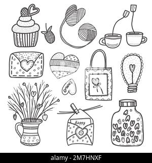 J'adore les éléments de la boodle. Ensemble d'icônes dessinées à la main. Illustration vectorielle. Design pour tirages, cartes postales et livres de coloriage Illustration de Vecteur