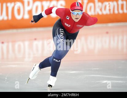 Aurora Lovas (NOR) en action sur 1500m femmes à l'occasion des Championnats européens de patinage de vitesse de l'UIP sur 8 janvier 2023 à Hamar Olymic Hall à Hamar, Norvège photo par SCS/Soenar Chamid/AFLO (PAYS-BAS OUT) Banque D'Images