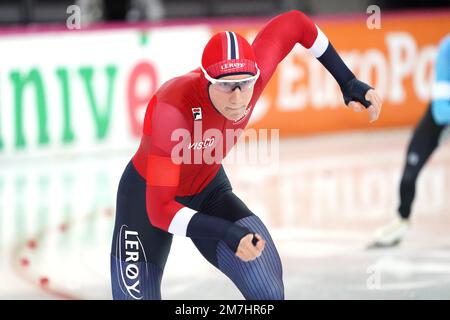 Peder Kongshaug (NOR) en action sur 1500m hommes à tous les niveaux lors des Championnats européens de patinage de vitesse de l'UIP sur 8 janvier 2023 à Hamar Olymic Hall à Hamar, Norvège photo par SCS/Soenar Chamid/AFLO (PAYS-BAS OUT) Banque D'Images