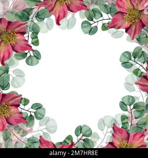 Cadre floral carré avec hellébores aquarelles isolées sur fond blanc. Pour la conception de cartes de vœux, modèle d'invitation, pour cartes de Saint-Valentin Banque D'Images