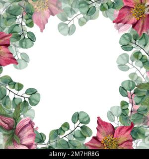 Cadre floral carré avec hellébores aquarelles isolées sur fond blanc. Pour la conception de cartes de vœux, modèle d'invitation, pour cartes de Saint-Valentin Banque D'Images