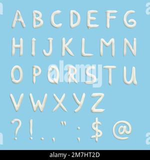 Lettres de l'alphabet anglais, signes de ponctuation et divers symboles sous forme de crème pressée en blanc sur fond bleu. Banque D'Images