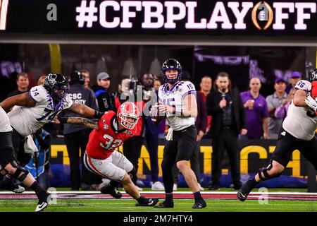 Inglewood, Californie. 9th janvier 2023. TCU Horned Frogs Quarterback Max Duggan (15) en action dans le premier trimestre du championnat national de football de l'université de la CFP entre la TCU Horned Frogs et les Bulldogs de Géorgie sur 09 janvier 2023 à Pasadena, Californie.obligatoire crédit photo: Louis Lopez/Cal Sport Media/Alay Live News Banque D'Images