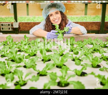 Joyeuse gardenier femme regardant l'appareil photo et souriant tout en tenant des plantules de laitue. Femme gaie en casquette jetable debout près de la clayette de serre avec des plantes. Banque D'Images