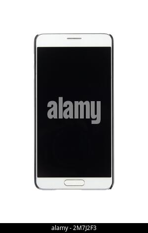 Smartphone avec écran noir isolé sur fond blanc. Vue de dessus blanche du smartphone Banque D'Images