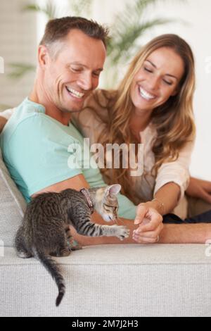 HES notre petit ange. Un couple mature jouant avec son chaton à la maison. Banque D'Images