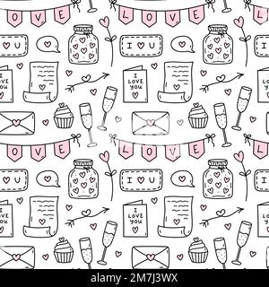 Joli motif sans couture pour la Saint-Valentin avec coeurs, verres de champagne, lettres d'amour et enveloppes. Illustration vectorielle d'une caniche dessinée à la main. Parfait pour les motifs de vacances, l'impression, la décoration, l'emballage Illustration de Vecteur