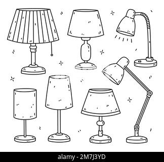 Ensemble de lampes de table isolées sur fond blanc. Articles intérieurs pour chambre, salon, bureau. Illustration vectorielle d'une caniche dessinée à la main. Parfait pour les décorations, le logo, divers motifs. Illustration de Vecteur