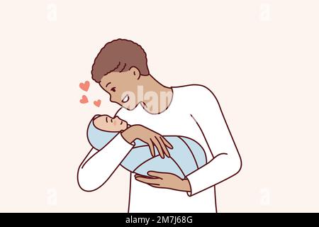 L'homme aimant tient bébé dans les bras et les sourires aiment la communication avec son propre fils. Un jeune père positif avec des cheveux courts est heureux de voir le tot nouveau-né enveloppé dans une couverture. Illustration vectorielle plate Illustration de Vecteur