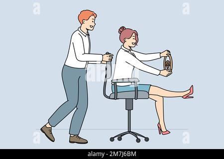 Des collègues souriants se détendent sur des chaises au bureau. Les employés heureux ou les travailleurs ont du plaisir pendant leurs loisirs sur le lieu de travail. Illustration vectorielle. Illustration de Vecteur