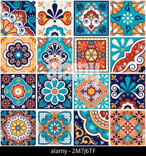 Carreaux mexicains talavera grande collection, décor sans couture motif vectoriel avec fleurs, feuilles et tourbillons en vert turquoise et orange Illustration de Vecteur