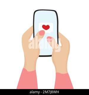 Saint-Valentin femme mains tenant smartphone avec coeur rouge. Concept d'application et de site Web de relation ou de datation. Illustration de Vecteur