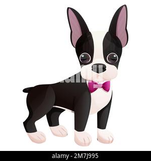 Boston terrier cool chiot avec noeud debout dans le style de dessin animé isolé sur fond blanc. Joli motif chien et imprimé. Illustration vectorielle Illustration de Vecteur