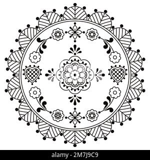 Motif scandinave à motif de mandala avec fleurs et feuilles et cadre - carte de voeux décorative ou invitation de mariage motif floral noir Illustration de Vecteur