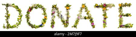 Lettres fleuristes en fleurs Bâtiment Mot anglais faire un don Banque D'Images