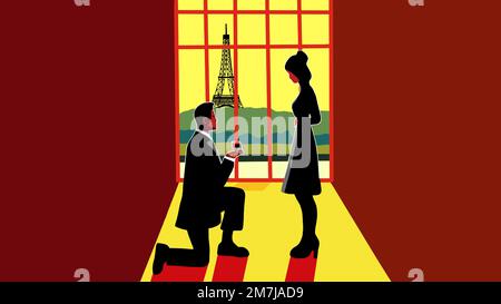 L'homme s'agenouille devant une femme. Il tient une boîte à anneaux et demande si elle veut l'épouser. Engagement d'un couple à Paris, la ville de l'amour. L'Eiffel Illustration de Vecteur