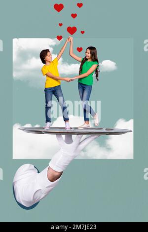 Art créatif 3D collage photo de deux préadolescents dansant des enfants serveur tenir la scène célébrant la première relation isolée sur fond peint Banque D'Images