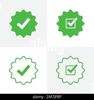 Icône verte pour le profil de réseaux sociaux vérifié. Kit avec quatre icônes. Signe approuvé. Étoile avec coins arrondis à carreaux. Logo de la page supérieure avec icône d'approbation. C Illustration de Vecteur