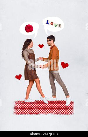 Poster photo de collage de jeunes couples dansant ensemble les mains ensemble parlant petite amie esprit veulent baiser isolé sur fond blanc de couleur Banque D'Images