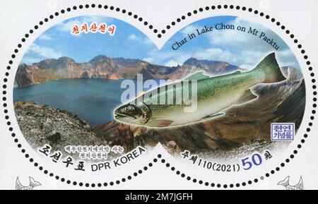 2021 série de timbres ronds de Corée du Nord. Monuments naturels.Char, Salvelinus alpinus dans le lac Chon sur le mont Paektu Banque D'Images