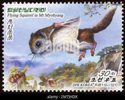 2021 série de timbres de la Corée du Nord. Faune de Corée du Nord. Écureuil volant de Sibérie, ptéromys volans Banque D'Images