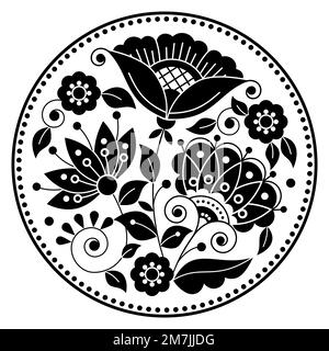 Motif mandala vectoriel d'art populaire suédois avec fleurs, feuilles et tourbillons dans un cadre inspiré de la broderie traditionnelle de Scandinavie en bla Illustration de Vecteur