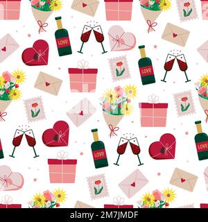 Motif romantique sans couture avec enveloppes fleurs cadeaux Saint-Valentin. Fond vectoriel avec coeurs roses, verres et une bouteille de vin rouge Illustration de Vecteur