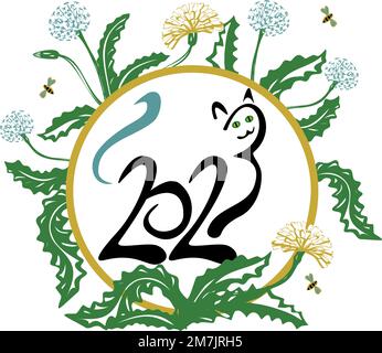 chat des numéros 2023 avec fleur à la main de style dessin. Symbole de zodiaque lunaire de l'année du chat. Logo de Noël chinois du nouvel an 2023 Illustration de Vecteur