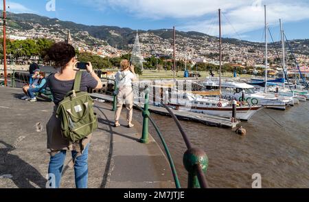 VMT Madeira - excursions en catamaran amarrées, Funchal. Madère. Portugal. Banque D'Images