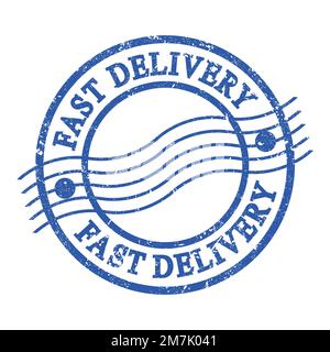 LIVRAISON RAPIDE, texte écrit sur timbre postal bleu grungy. Banque D'Images