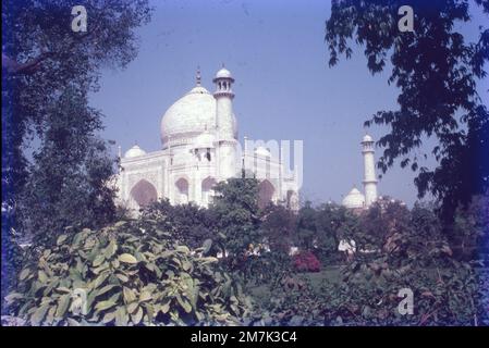 Le Taj Mahal est un mausolée en marbre blanc ivoire islamique sur la rive droite de la rivière Yamuna dans la ville indienne d'Agra. Il a été commandé en 1631 par l'empereur moghol Shah Jahan pour abriter le tombeau de sa femme préférée, Mumtaz Mahal; il abrite également le tombeau de Shah Jahan lui-même. Banque D'Images