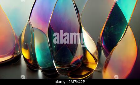 Plusieurs géométries de type goutte d'eau, de belles réflexions et réfractions en verre arc-en-ciel, abstraites et modernes, délicates et élégantes, spectaculaires et Banque D'Images